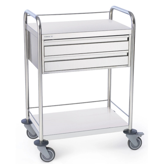 Chariot inox 2 plateaux avec galeries et 2 tiroirs