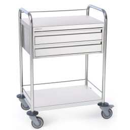 Chariot inox 2 plateaux avec galeries et 2 tiroirs