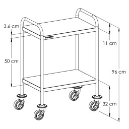 Dimensions chariot inox 2 plateaux avec galeries et 2 tiroirs
