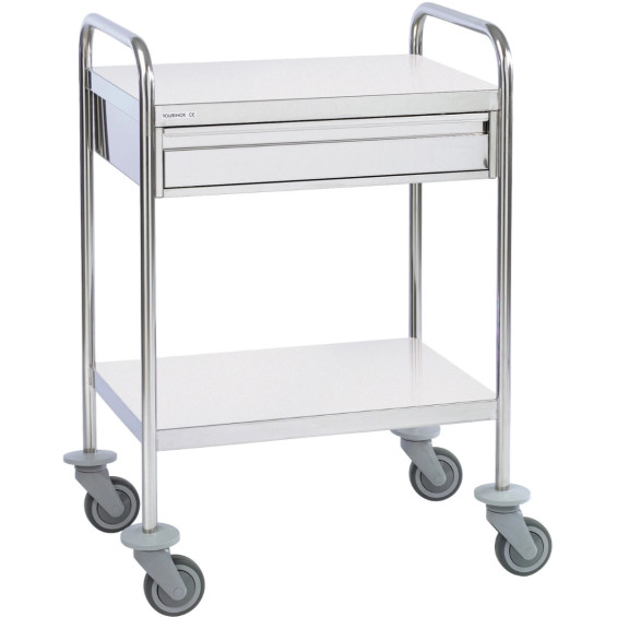 Chariot inox 2 plateaux bords tombés avec 1 tiroir