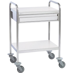 Chariot inox 2 plateaux bords tombés avec 1 tiroir