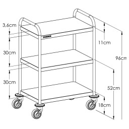Dimensions chariot inox 3 plateaux bords tombés avec barres de poussée